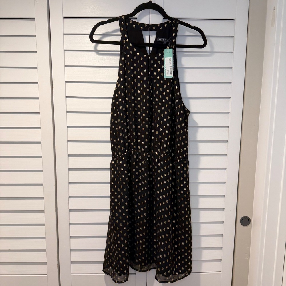 Brixon‎ Ivy Irena Dress Black Gold Print Halter Neck Sleeveless Lined XL New